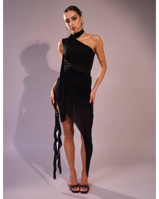 Public Desire Pink Mesh Choker Detail Asymmetric Midaxi Dress Black