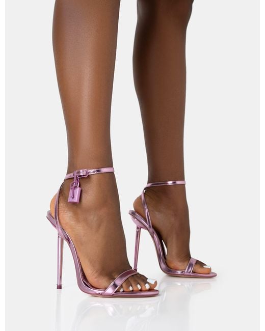 Public Desire Brown Ti Amo Pink Metallic Pu Padlock Detail Barely There Pointed Toe Stilettos Heels