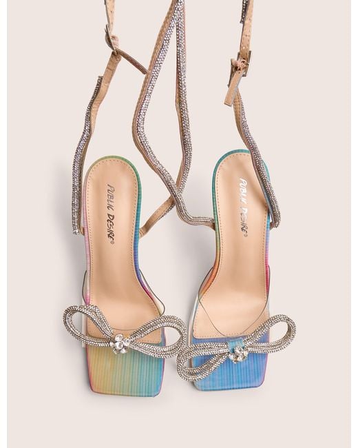 Public Desire Multicolor Glimmer Multi Holographic Wrap Around Diamante Bow Square Toe Heels