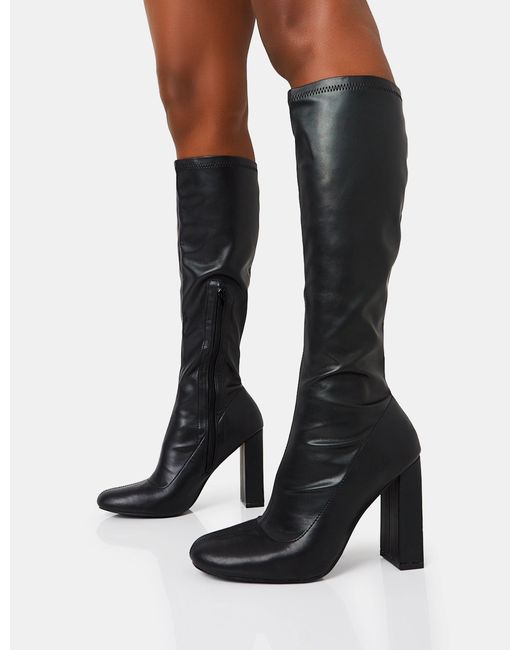 Public Desire Multicolor Christina Black Pu Pointed Toe Block Heel Knee High Boots
