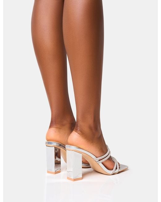 Public Desire Brown Frosted Silver Diamante Knot Detail Block Heels