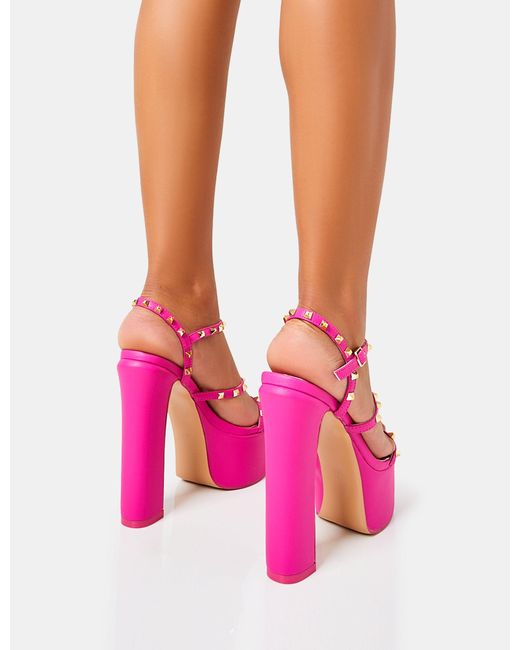 Public Desire Stefania Hot Pink Studded Cage Platform Round Toe Block Heels