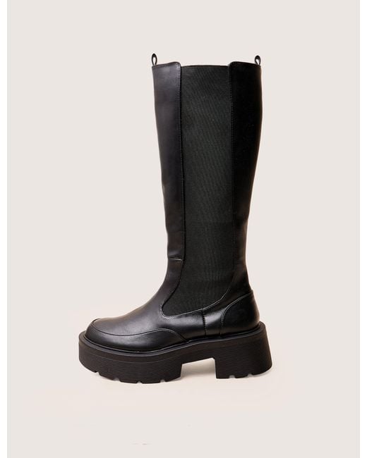 Public Desire Evergreen Black Knee High Elasticated Detail Chunky Heeled Sole Boots