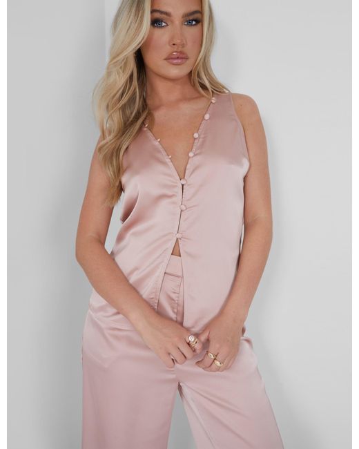 Public Desire Button Detail Satin Waistcoat Top Pink