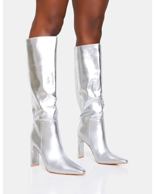 Public Desire White Undone Silver Pu Knee High Zip Up Pointed Toe Thin Block Heeled Boots