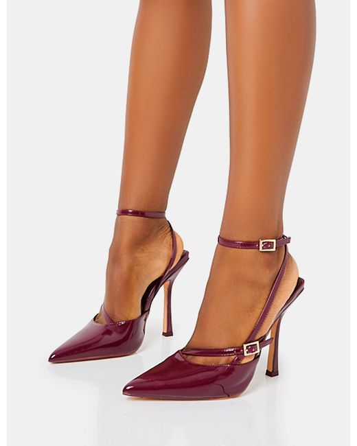 Public Desire Pink Idol Burgundy Patent Buckle Strappy Detail Stiletto Court High Heels