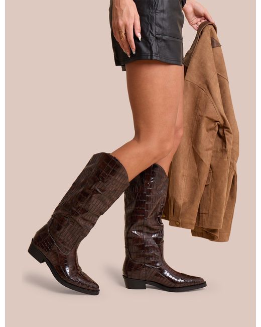 Public Desire Multicolor Apollo Brown Croc Flat Western Knee High Boots