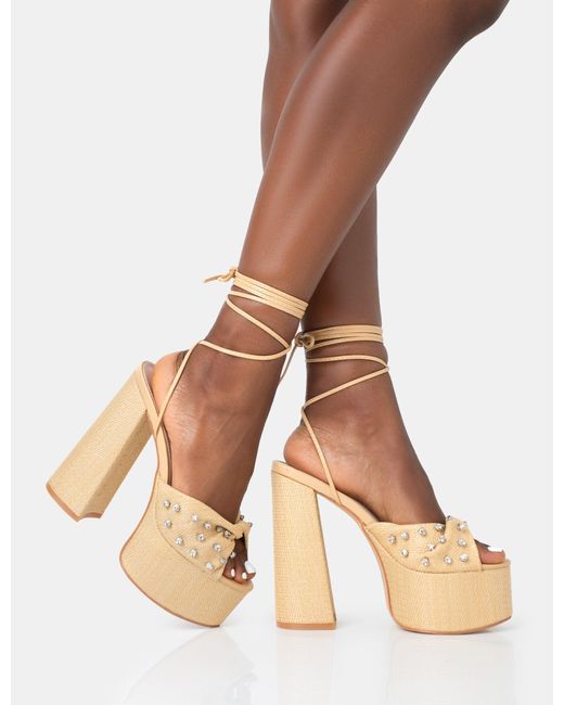 Public Desire Brown Crete Raffia Diamante Twist Strap Lace Up Platform Block Heels