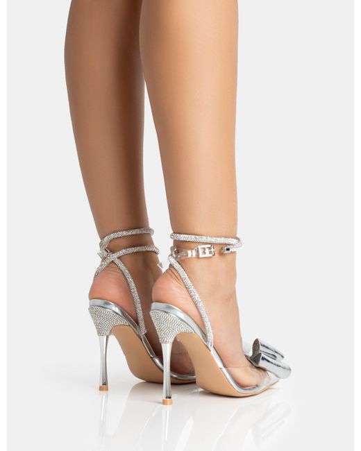 Public Desire Multicolor Angelic Silver Mirror Perspex Bow Diamante Wrap Around Pointed Court Stiletto Heel