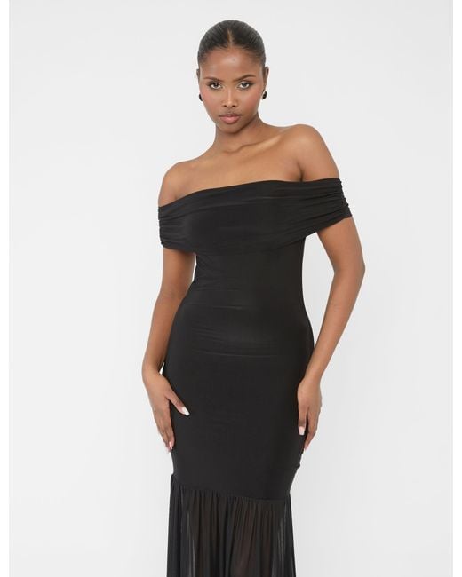 Public Desire Slinky Bardot Fold Over Mesh Hem Maxi Dress Black