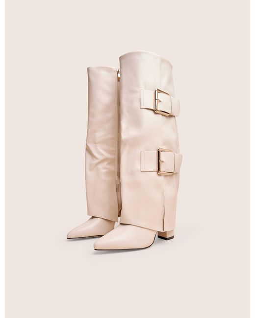 Public Desire Natural River Ecru Double Buckle Detail Pu High Knee Boots