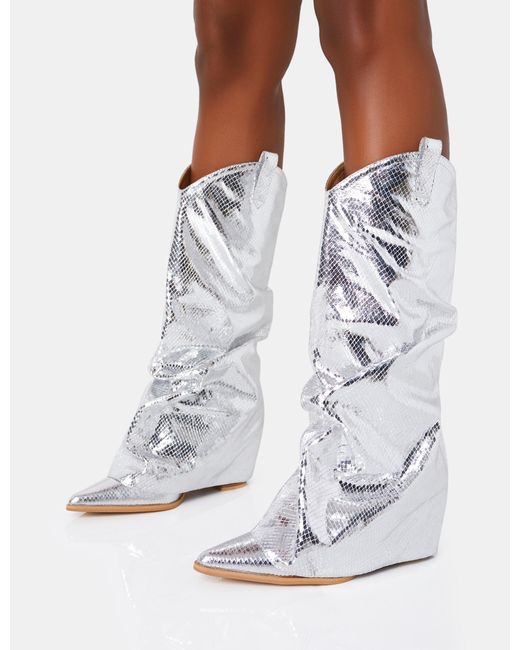 Public Desire White Sheriff Silver Metallic Snake Pu Western Inspired Fold Over Pointed Toe Block Cowboy Knee High Boots