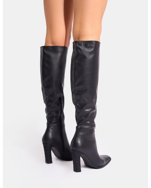 Public Desire Blue Acquilla Black Knee High Flared Heel Boots
