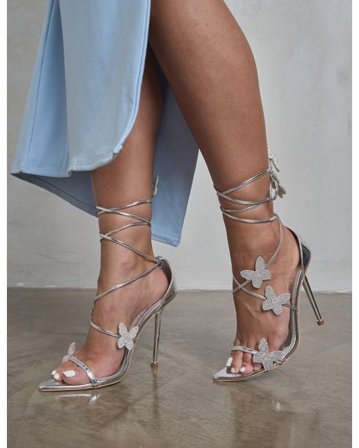 Public Desire White Pageant Queen Silver Mirror Diamante Butterfly Detail Lace Up Pointed Toe High Heels