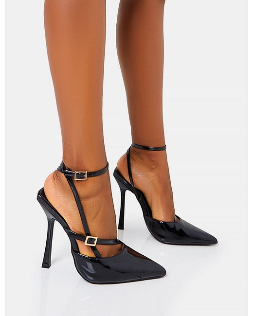 Public Desire Multicolor Idol Black Patent Buckle Strappy Detail Stiletto Pointed To Court High Heels