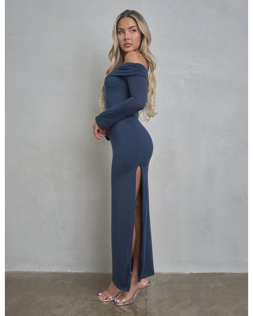 Public Desire Blue Long Sleeve Off The Shoulder Bardot Maxi Dress Navy