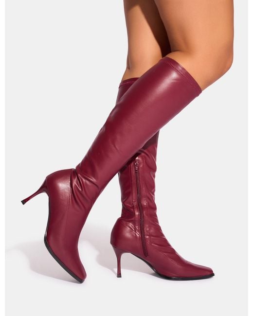 Public Desire Red Scorpion Burgundy Mid Heel Sock Knee High Boots