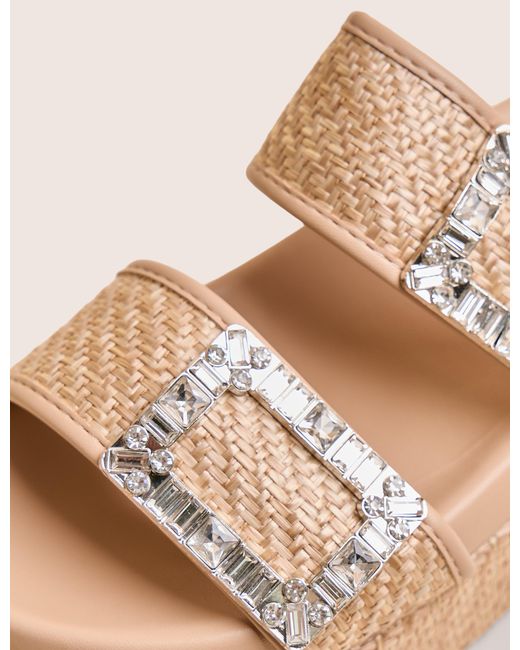 Public Desire White Bettie Natural Rattan Diamante Buckle Detail Flatform Slider Sandals