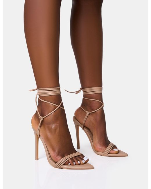 Public Desire Brown Merlot Nude Lace Up Wrap Around Pointed Toe Stiletto Heels