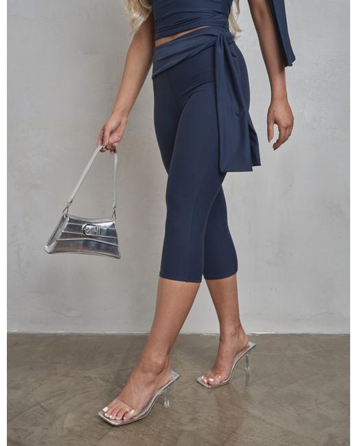Public Desire Blue Knot Detail Tie Side Luxe Slinky Capri Pants Navy