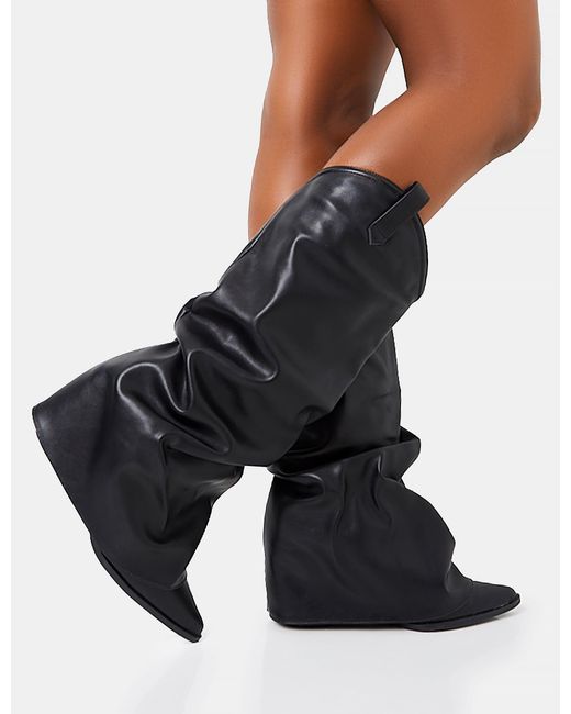 Public Desire Sheriff Black Pu Western Inspired Fold Over Pointed Toe Block Heeled Cowboy Knee High Boots
