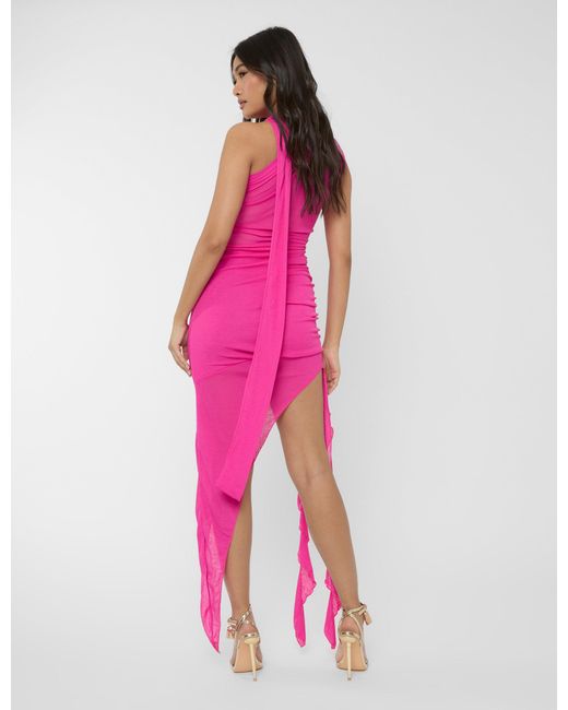 Public Desire Mesh Choker Detail Asymmetric Midaxi Dress Fuchsia Pink