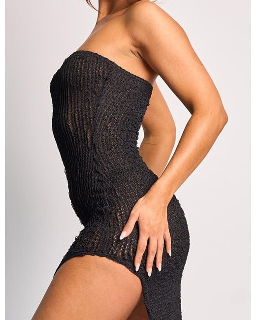Public Desire Multicolor Textured Bandeau Side Split Detail Midaxi Dress Black