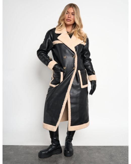Public Desire Multicolor Borg Lined Faux Leather Maxi Aviator Coat Black
