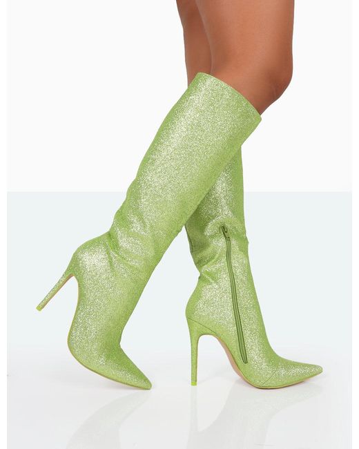 Public Desire Green Diva Lime Glitter Pointed Toe Stiletto Knee High Boots