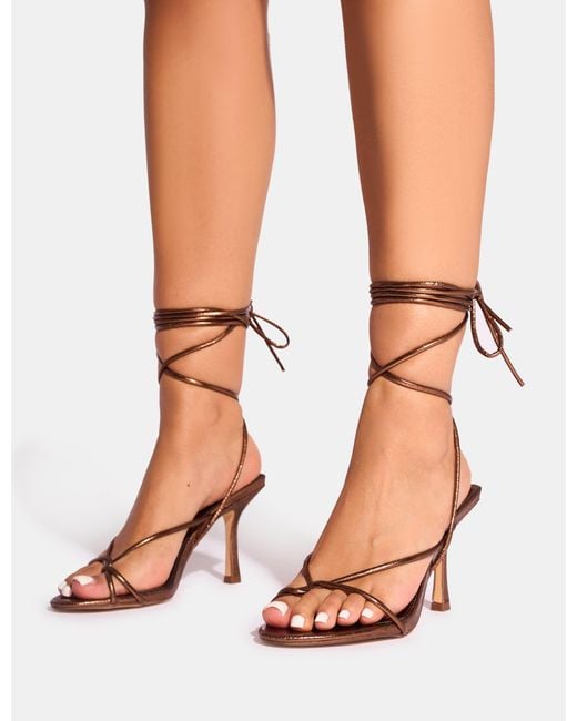 Public Desire White Cameron Bronze Metallic Strappy Toe Post Mid Heels