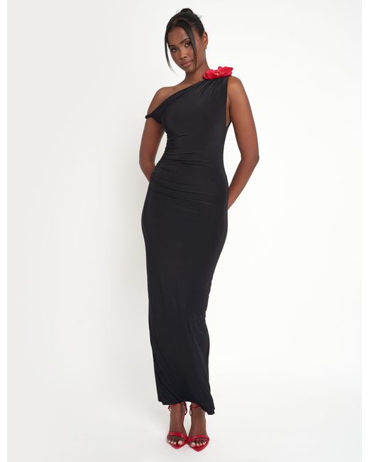 Public Desire Blue Flower Trim Dropped Shoulder Luxe Slinky Maxi Dress Black