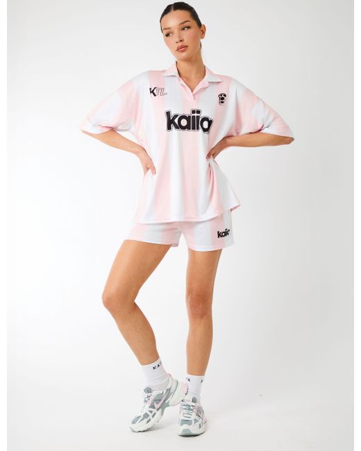 Public Desire White Kaiia Collared Oversized Football Shirt Pink Stripe