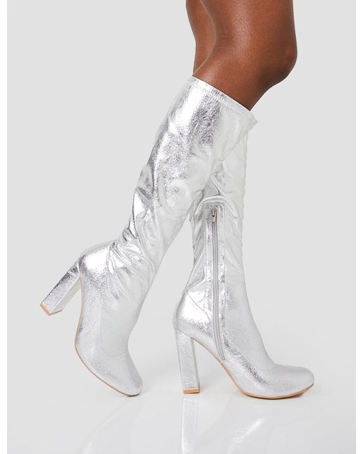 Public Desire White Christina Silver Grain Pointed Toe Block Heel Knee High Boots