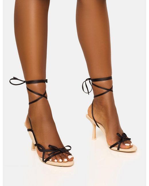 Public Desire Brown Heroine Cream And Black Bow Detailing Lace Up Stiletto Mid Heels