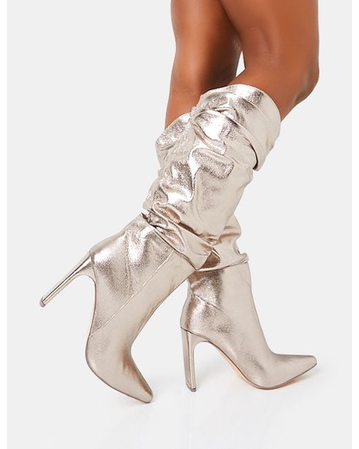 Public Desire White Manhattan Dark Metallic Silver Pointed Toe Knee High Narrow Block Heel Boots