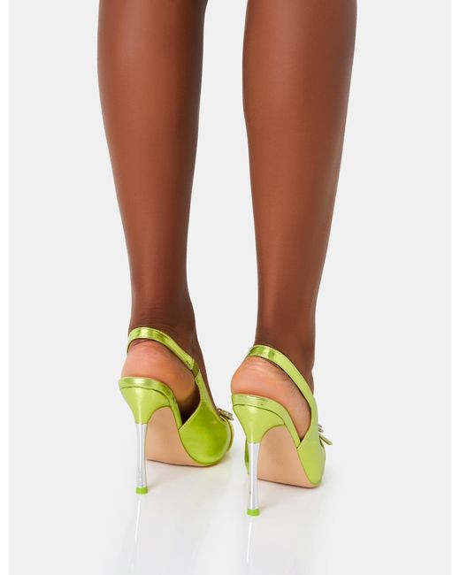 Public Desire Green Confession Lime Metalic Denim Diamante Buckle Broach Detail Slingback Pointed Court Stiletto High Heels
