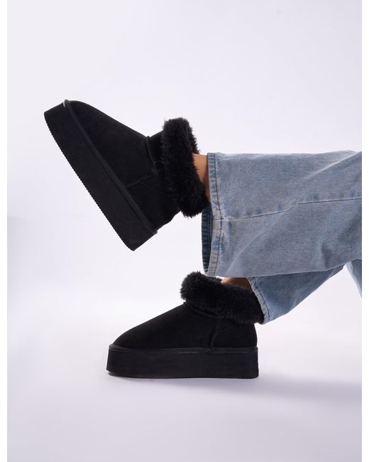 Public Desire Snowdrop Black Fur Faux Suede Ultra Mini Ankle Platform Boots