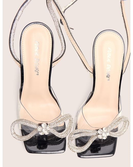 Public Desire Glimmer Wide Fit Black Wrap Around Diamante Bow Square Toe Heels