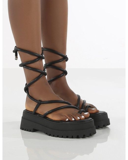black chunky lace up sandals