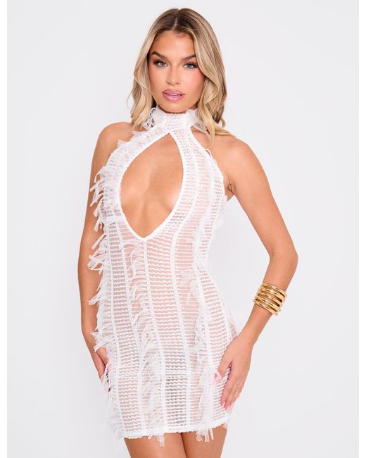 Public Desire Purple Feather Detail Key Hole High Neck Mini Dress White