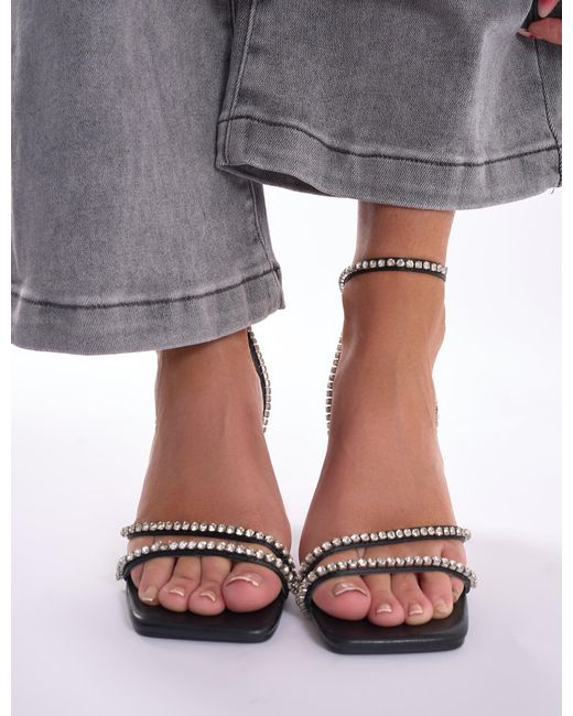 Public Desire Gray Razzle Dazzle Black Embellished Ankle Strap Mid Heels