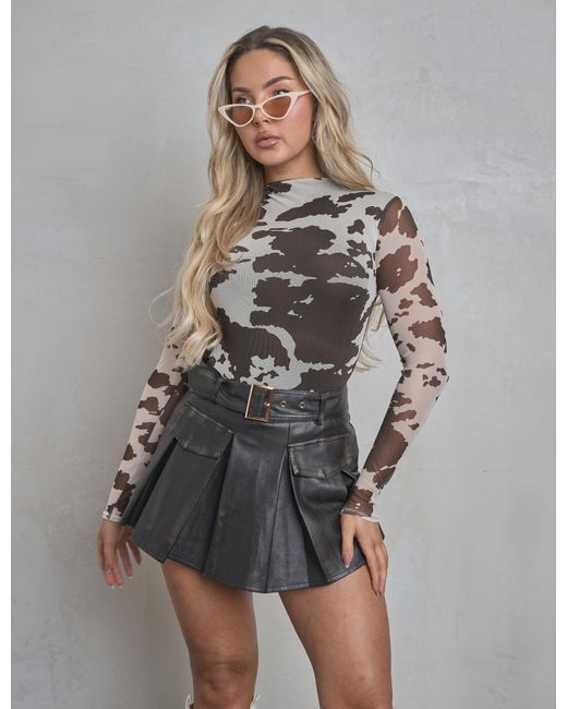 Public Desire Gray Long Sleeve High Neck Bodysuit Cow Print