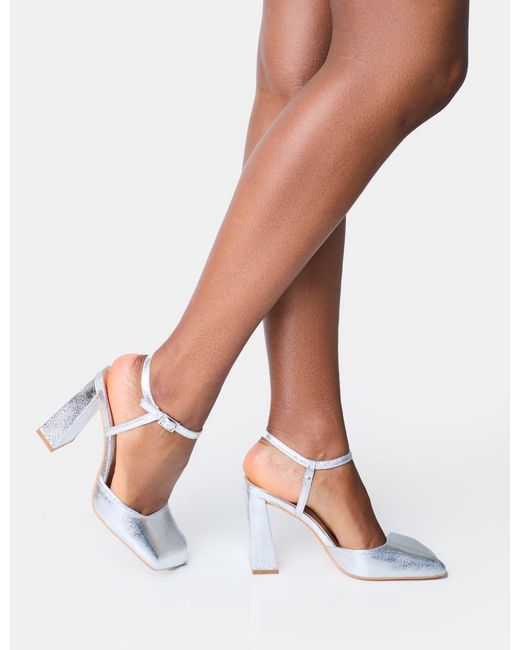 Public Desire White Leighton Cracked Silver Slant Toe Block Heels