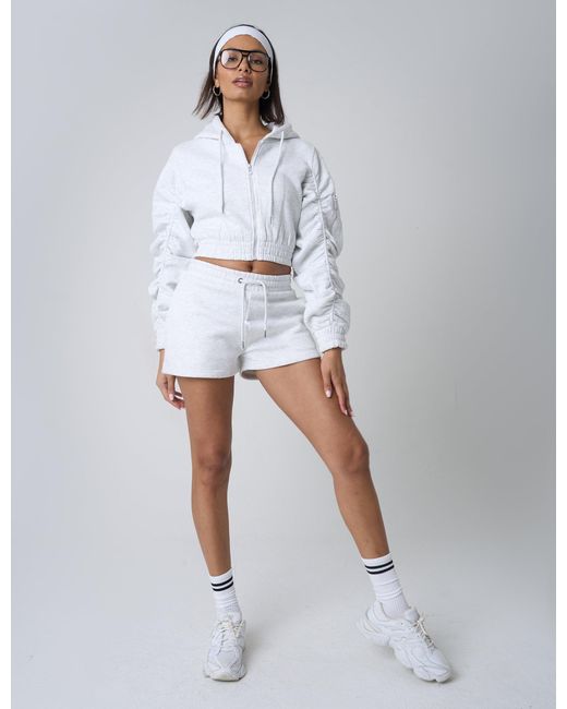 Public Desire White Ruched Sleeve Zip Up Cropped Hoodie Grey Marl