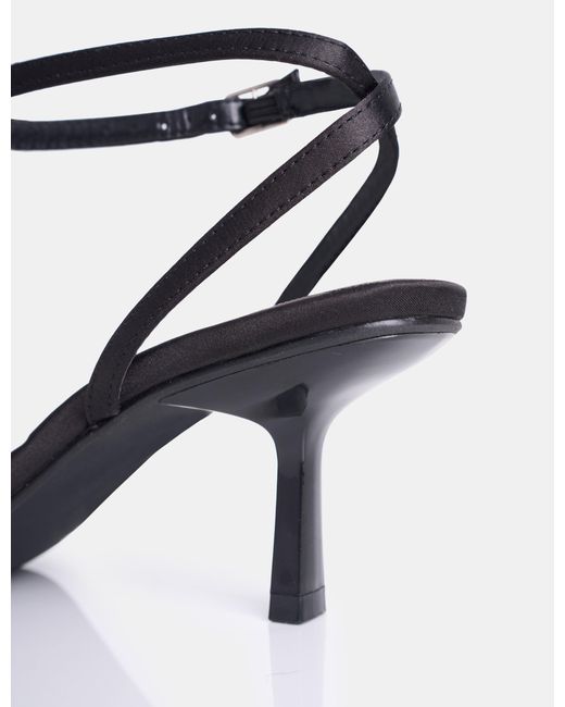 Public Desire Nara Black Satin White Orchid Flower Square Toe Stiletto Mid Heels