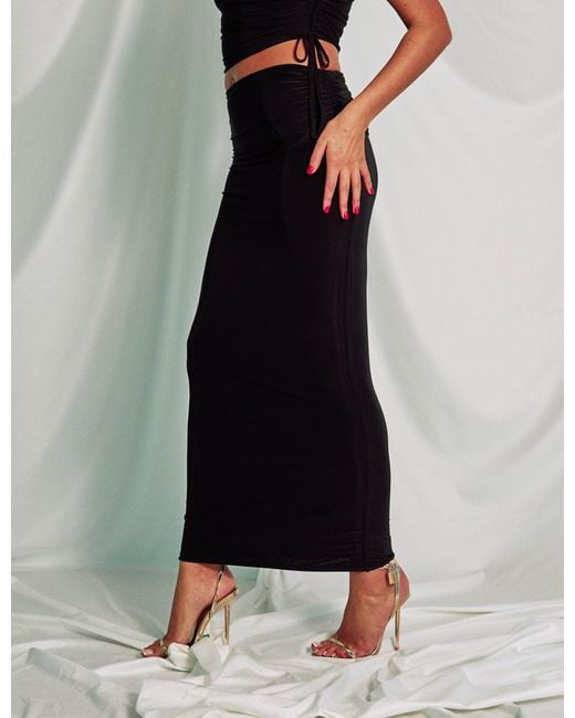 Public Desire Multicolor Slinky Foldover Ruched Maxi Skirt Black