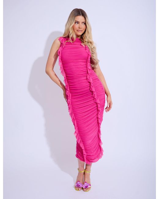 Public Desire Pink Frill Side Ruched Boat Neck Maxi Dress Fuchsia
