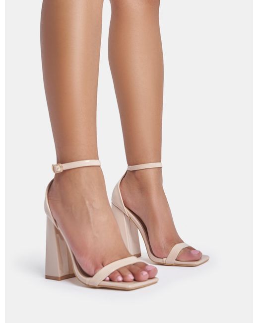 Public Desire Pink Geri Nude Patent Barely There Square Toe Block Heels
