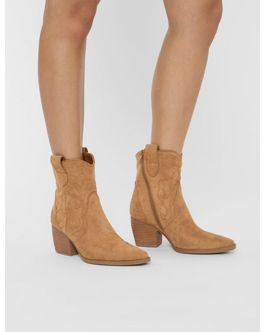 Public Desire White Wild West Tan Suedette Western Cowboy Low Ankle Boots