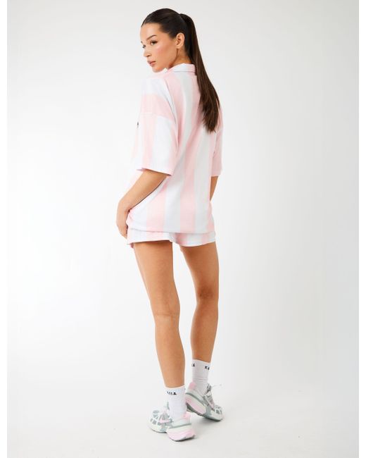 Public Desire White Kaiia Collared Oversized Football Shirt Pink Stripe